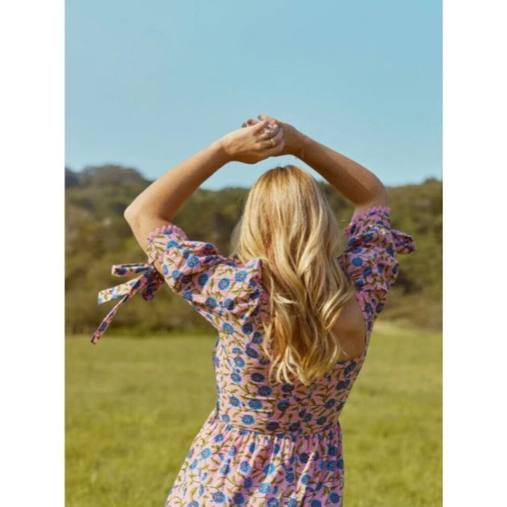 Eddy Barbara Square Neck 100% BCI Cotton Dress Pale Magenta & Indigo Floral 16 - Picture 2 of 9